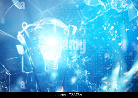 3D-Illustration explodierende Glühbirne auf einem blauen Hintergrund, mit Konzept kreatives Denken und innovative Lösungen Stockfoto