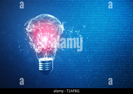 3D-Illustration explodierende Glühbirne auf einem blauen Hintergrund, mit Konzept kreatives Denken und innovative Lösungen. Rotes Leuchten in der Mitte Konzept Vir Stockfoto