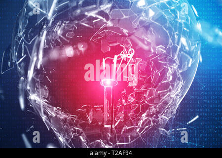 3D-Illustration explodierende Glühbirne auf einem blauen Hintergrund, mit Konzept kreatives Denken und innovative Lösungen. Rotes Leuchten in der Mitte Konzept Vir Stockfoto