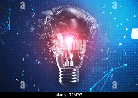 3D-Illustration explodierende Glühbirne auf einem blauen Hintergrund, mit Konzept kreatives Denken und innovative Lösungen. Rotes Leuchten in der Mitte Konzept Vir Stockfoto