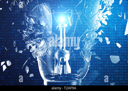 3D-Illustration explodierende Glühbirne auf einem blauen Hintergrund, mit Konzept kreatives Denken und innovative Lösungen Stockfoto