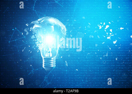 3D-Illustration explodierende Glühbirne auf einem blauen Hintergrund, mit Konzept kreatives Denken und innovative Lösungen Stockfoto