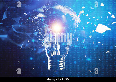 3D-Illustration explodierende Glühbirne auf einem blauen Hintergrund, Konzept kreatives Denken und innovative Lösungen. Netzwerkverbindung Linien und Punkten. Inno Stockfoto
