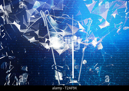 3D-Illustration explodierende Glühbirne auf einem blauen Hintergrund, Konzept kreatives Denken und innovative Lösungen. Netzwerkverbindung Linien und Punkten. Inno Stockfoto