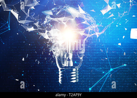 3D-Illustration explodierende Glühbirne auf einem blauen Hintergrund, Konzept kreatives Denken und innovative Lösungen. Netzwerkverbindung Linien und Punkten. Inno Stockfoto