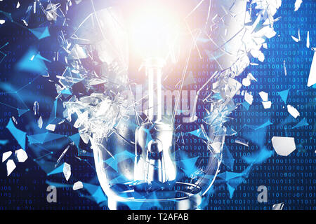 3D-Illustration explodierende Glühbirne auf einem blauen Hintergrund, Konzept kreatives Denken und innovative Lösungen. Netzwerkverbindung Linien und Punkten. Inno Stockfoto