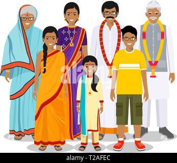 Familie und soziale Konzept. Indische person Generationen in verschiedenen Altersstufen. Satz von Menschen in traditionellen Nationale Kleidung: Großmutter, Großvater Stock Vektor
