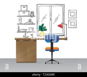 Bürostuhl, Schreibtisch, verschiedene Objekte auf dem Tisch. Arbeitsbereich im flachen Stil. Vector Illustration Stock Vektor
