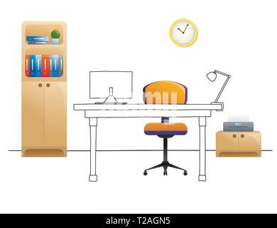 Bürostuhl, Schreibtisch, verschiedene Objekte auf dem Tisch. Arbeitsbereich im flachen Stil. Vector Illustration Stock Vektor