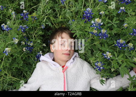 Junges Mädchen mit kurzen braunen Haaren schlafen in einem Feld von Bluebonnets Stockfoto