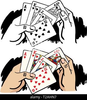 Ein paar Hände halten eine gewinnende Royal Flush poker Hand. Stock Vektor