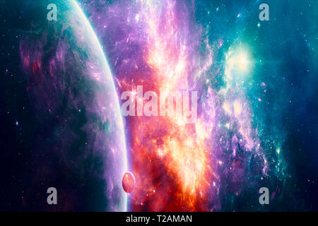 Künstlerische abstrakte planet Horizont auf eine mehrfarbige Helle explosive galaxy Hintergrund Stockfoto