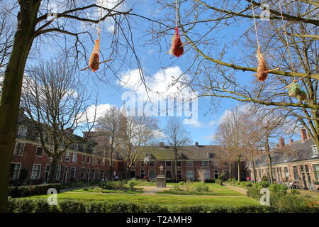 HAARLEM, Niederlande - 24 März, 2019: Der Innenhof Provenierhuis (hofje) mit Samen für Vögel im Vordergrund. Stockfoto