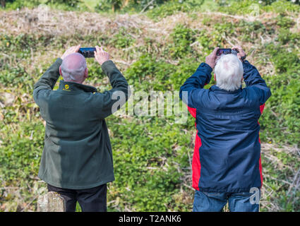 Paar von ausländischen Touristen bis Holding Smartphone Kameras Fotos machen und ein Wahrzeichen in England, Großbritannien. Von hinten genommen. Stockfoto