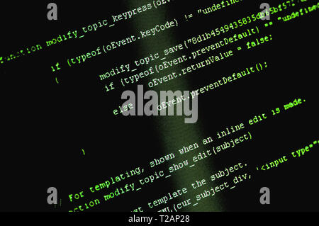 Software Quellcode Makroaufnahme. Programmiercode Hintergrund auf dem Computerbildschirm Stockfoto