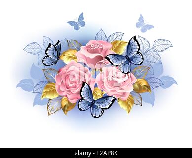 Drei Rosen mit blauen und goldenen Blättern, mit blaue Schmetterlinge sitzen auf Sie auf weißem Hintergrund. Rosenquarz und Gelassenheit. Stock Vektor