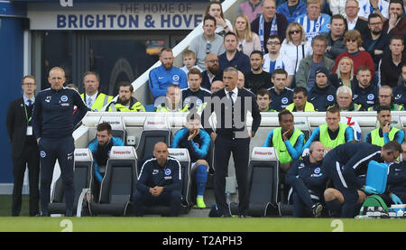 Von Brighton Manager Chris Hughton Gesten zu seinen Spielern während der Englischen Premier League Match zwischen Brighton und Hove Albion Southampton an der Amex Stadion in Brighton. 30. März 2019 Foto James Boardman/Tele Bilder Redaktion nur verwenden. Keine Verwendung mit nicht autorisierten Audio-, Video-, Daten-, Spielpläne, Verein/liga Logos oder "live" Dienstleistungen. On-line-in-Match mit 120 Bildern beschränkt, kein Video-Emulation. Keine Verwendung in Wetten, Spiele oder einzelne Verein/Liga/player Publikationen. Stockfoto