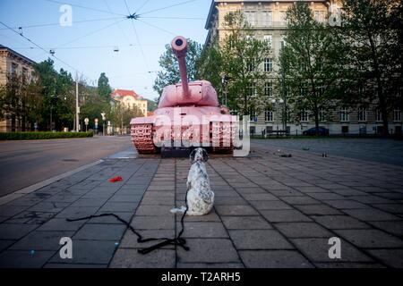 English Setter Welpen "Rudy" reist am 14.05. 2017 Zum ersten Mal in einer fremden Stadt ist Brno in der Tschechischen Republik. Rudy ist vor dem 'Pink Tank" des tschechischen Künstlers David Cerny. Rudy wurde Anfang Januar 2017 geboren und lebt mit ihrer neuen Familie für einige Zeit. | Verwendung weltweit Stockfoto