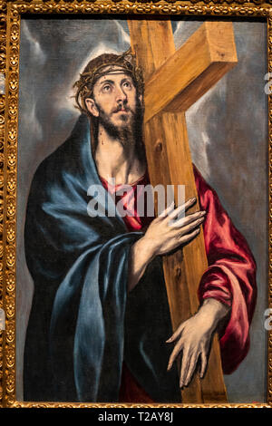 El Greco, Doménikos Theotokópoulos (Creta 1540 - Toledo 1614). Christus carrinyg das Kreuz (1590-1595), National Art Museum von Catalonia, Barcelona, Spanien. Stockfoto