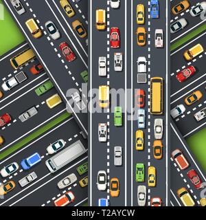 Draufsicht von oben auf einer Straße der Stadt Geschwindigkeit Autobahn mit Pkw und Bussen, Bäume und Lkw Stock Vektor