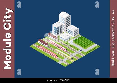 Isometrische 3D-transport Zug mit der Station und den anderen Gebäuden der dimensionalen Stadt Stock Vektor