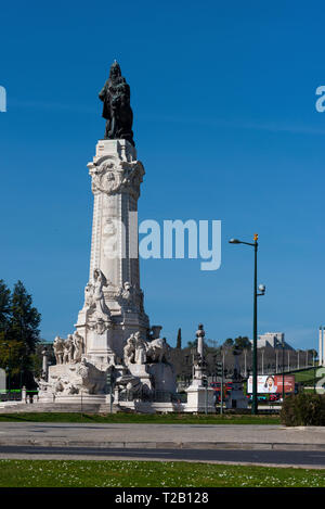 Lissabon, Portugal - 16. Februar 2019: Der Marques de Pombal Statue, die in der Stadt Lissabon, Portugal Stockfoto