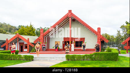 ROTORUA, NEUSEELAND - Oktober 10, 2018: Tamaki Maori Tänzer in traditioneller Kleidung in Whakarewarewa Thermal Park Stockfoto