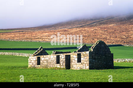 Eine alte und unvollendete Steinhaus liegt in einem großen Wiese für Schafe auf Slieve Binnian in der Mourne Mountains, Nordirland, Großbritannien. Stockfoto