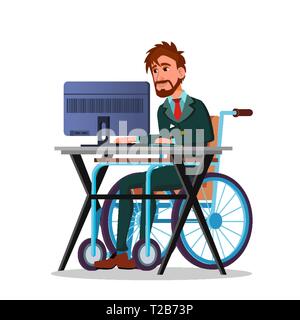 Unternehmer im Rollstuhl hinter einem Laptop Vektor Flachbild Cartoon Illustration Stock Vektor