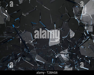 Stücke von Glas gebrochen an Schwarz, 3D-Darstellung oder gerissen; 3D-Rendering Stockfoto