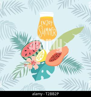 Hand gezeichnet Sommer Party Grußkarte, Einladung mit Cocktail trinken. Wassermelone, Papaya, Zitrone Obst mit tropischen Palmen, Hibiskus Stock Vektor