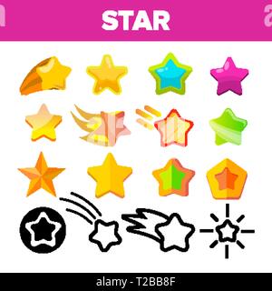 Star Icon Set Vektor. Gold Bright Star Symbole. Sky Kosmos Objekt. Bewertung anmelden. Sieger Form. Line, Abbildung Stock Vektor