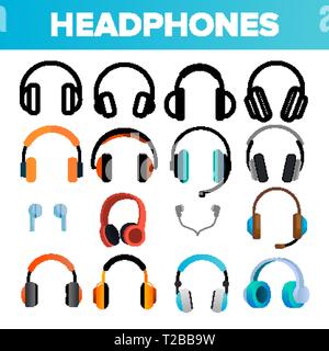 Kopfhörer Icon Set Vektor. Audio Stereo Kopfhörer Symbole. Das Symbol. Musik hören. Akustische Zubehör. Line, Abbildung Stock Vektor