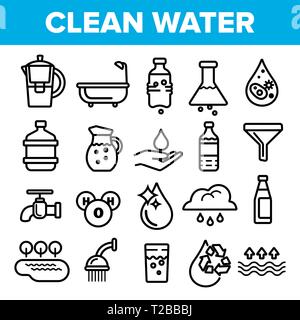 Sauberes Wasser Line Icon Set Vektor. Natur kümmern. Tropfen Frisches sauberes Wasser. Trinken Eco-Symbol. Dünne Umrandung Web Abbildung Stock Vektor