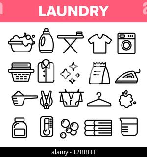 Wäscheservice Line Icon Set Vektor. Waschmaschine. Trockene, saubere Baumwolle. Tuch Wäscheservice Piktogramm. Dünne Umrandung Web Abbildung Stock Vektor