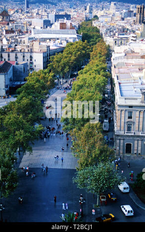 Las Ramblas vom Monument Colon, Barcelona, Spanien Stockfoto