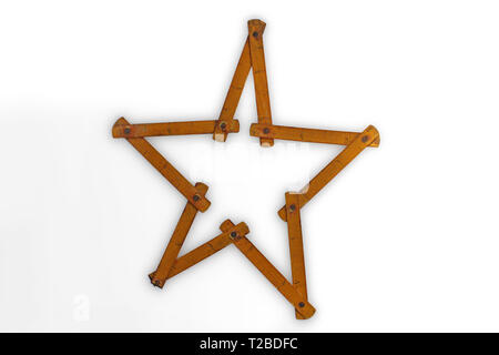 Vintage Holz- Zollstock entfaltete sich mit der Form eines Sterns, auf weißem Hintergrund isoliert. auf weißem Hintergrund, Stockfoto