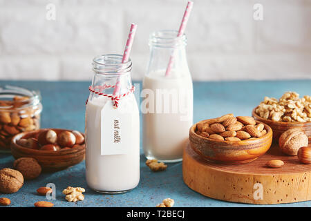 Veganer Ersatz Milch. Glasflaschen mit pflanzlicher Milch und Zutaten. Stockfoto