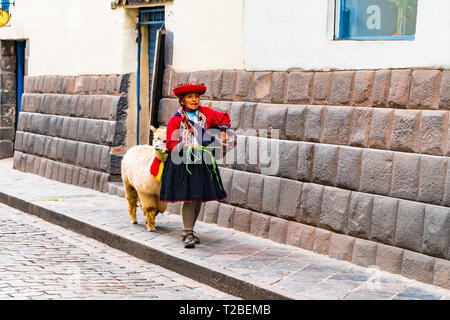 CUSCO, PERU - 26. JANUAR 2016: Unbekannter lokaler Frau mit ihrem Lama zu Fuß entlang der Straße in Cusco, Peru Stockfoto