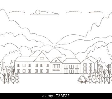 Thin Line outline Landschaft ländlichen Bauernhof. Panorama outdoor Design Village moderne mit Blick auf die Berge, Hügel, Baum, Himmel, Wolken und Sonne. Line Art Stil Abstract Stock Vektor