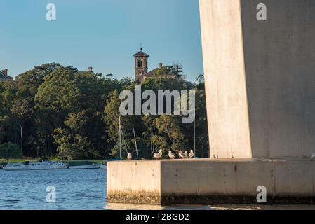 Eine der zehn massive Betonpfeiler, die Unterstützung der 2011 gebaute Iron Cove Brücke Vervielfältigung, verbindet die Stadtteile von Sydney Rozelle und Drummoyne. Stockfoto