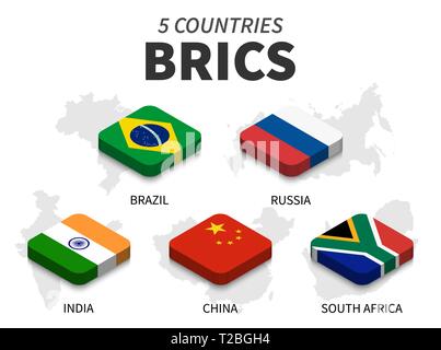 BRICS Flagge. Vereinigung der 5 Länder und Karte auf weißem Hintergrund. Isometrische top Design. Vektor. Stock Vektor