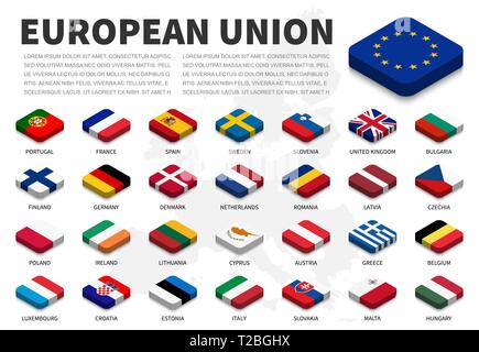 Europäische Union (EU) Flagge und Mitgliedschaft auf Europa Karte Hintergrund. Isometrische top Design. Vektor. Stock Vektor