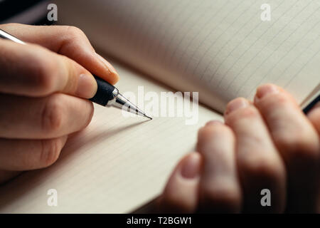 Schwangere Frau eine Schwangerschaft Tagebuch, in der Nähe der Hände schreiben im Notebook Stockfoto