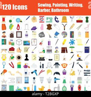 Satz von 120 Icons. Nähen, Malen, Schreiben, Friseur, Badezimmer Themen. Farbe flaches Design. Vector Illustration. Stock Vektor