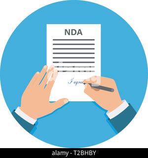 Farbige Cartooned Hand Unterzeichnung NDA. Vertrag unterzeichnete Dokument. NDA-Konzept. Die geheimen Akten. Stock Vektor