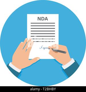 Farbige Cartooned Hand Unterzeichnung NDA. Vertrag unterzeichnete Dokument. NDA-Konzept. Die geheimen Akten. Stock Vektor