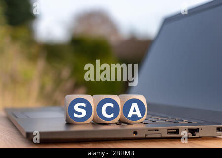 Würfel auf einem Notebook für mit der Abkürzung CA' (Starke Authentifizierung). Stockfoto