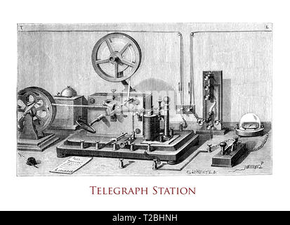 Vintage Gravur Mitte' 800: Morse Telegraph Station mit Sender und Empfänger Stockfoto