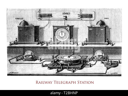 Vintage Gravur Mitte' 800: Morse Eisenbahn Telegraph Station mit Sender und Empfänger Stockfoto